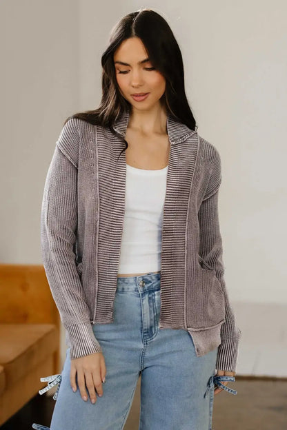 Stonewash Patchwork Knit Open Cardigan Women UK