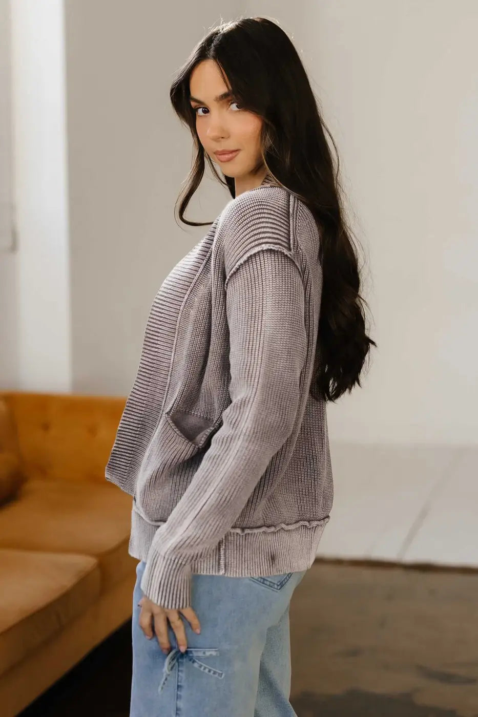 Stonewash Patchwork Knit Open Cardigan Women UK