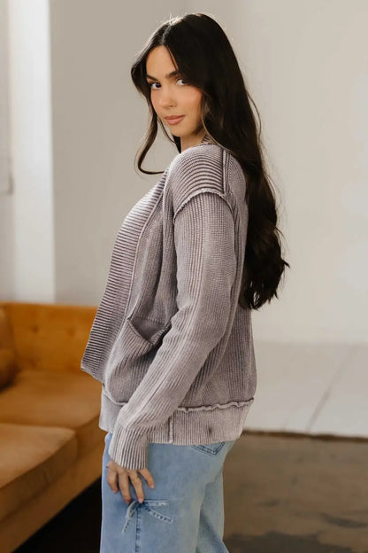 Stonewash Patchwork Knit Open Cardigan Women UK
