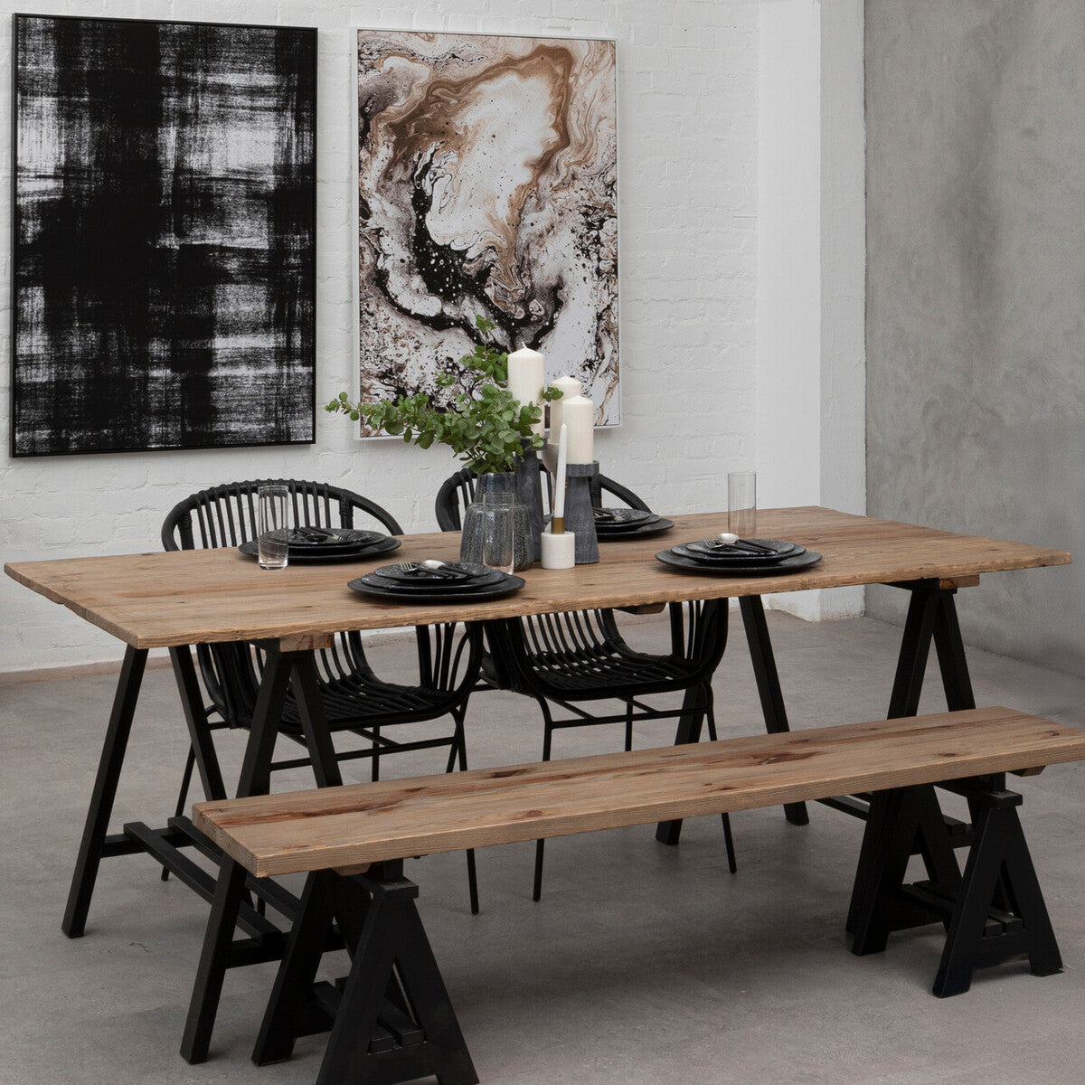 Natural Pine Wood Top Console Table with Black Metal Frame, Hampstead