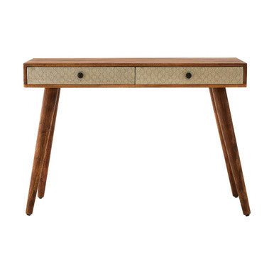 Natural Acacia Wood Console Table with Silver Metal Drawer Fronts, Boho