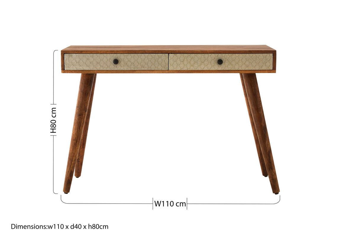 Natural Acacia Wood Console Table with Silver Metal Drawer Fronts, Boho