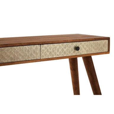 Natural Acacia Wood Console Table with Silver Metal Drawer Fronts, Boho