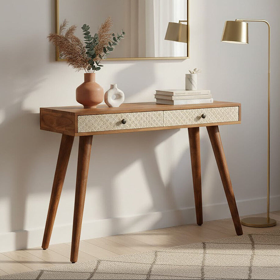 Natural Acacia Wood Console Table with Silver Metal Drawer Fronts, Boho