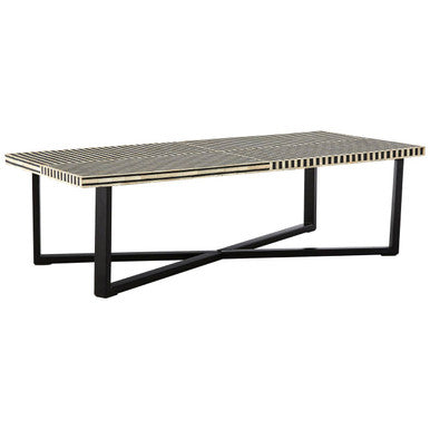 Black and White Buffalo Bone Inlay Top Coffee Table with Black Metal Lattice Base, Boho