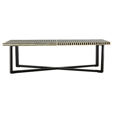 Black and White Buffalo Bone Inlay Top Coffee Table with Black Metal Lattice Base, Boho
