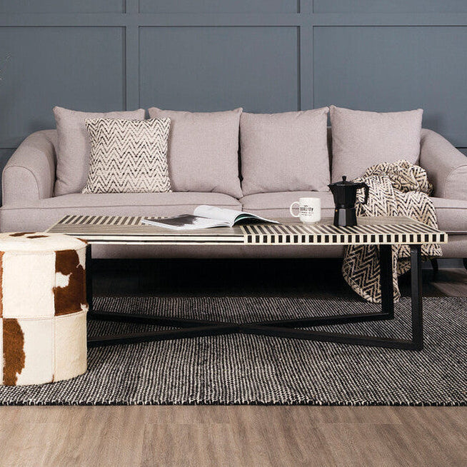 Black and White Buffalo Bone Inlay Top Coffee Table with Black Metal Lattice Base, Boho