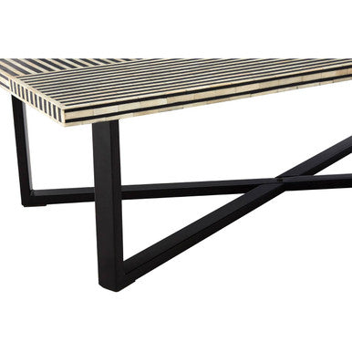Black and White Buffalo Bone Inlay Top Coffee Table with Black Metal Lattice Base, Boho
