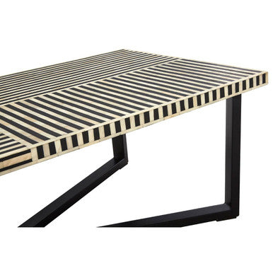 Black and White Buffalo Bone Inlay Top Coffee Table with Black Metal Lattice Base, Boho