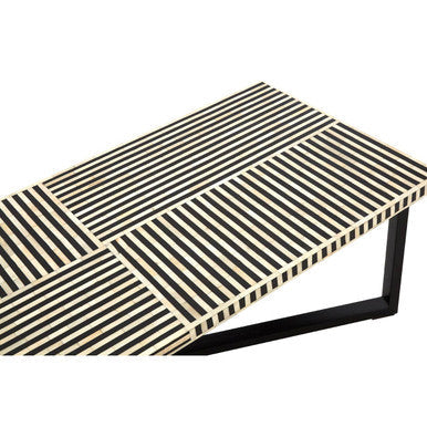Black and White Buffalo Bone Inlay Top Coffee Table with Black Metal Lattice Base, Boho