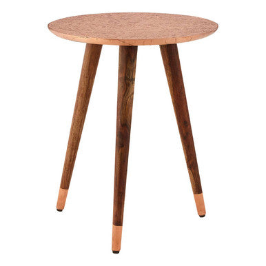 Gold Copper Finish Metal Top Side Table with Natural Wooden Legs, Boho