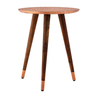 Gold Copper Finish Metal Top Side Table with Natural Wooden Legs, Boho