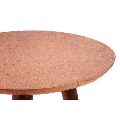 Gold Copper Finish Metal Top Side Table with Natural Wooden Legs, Boho