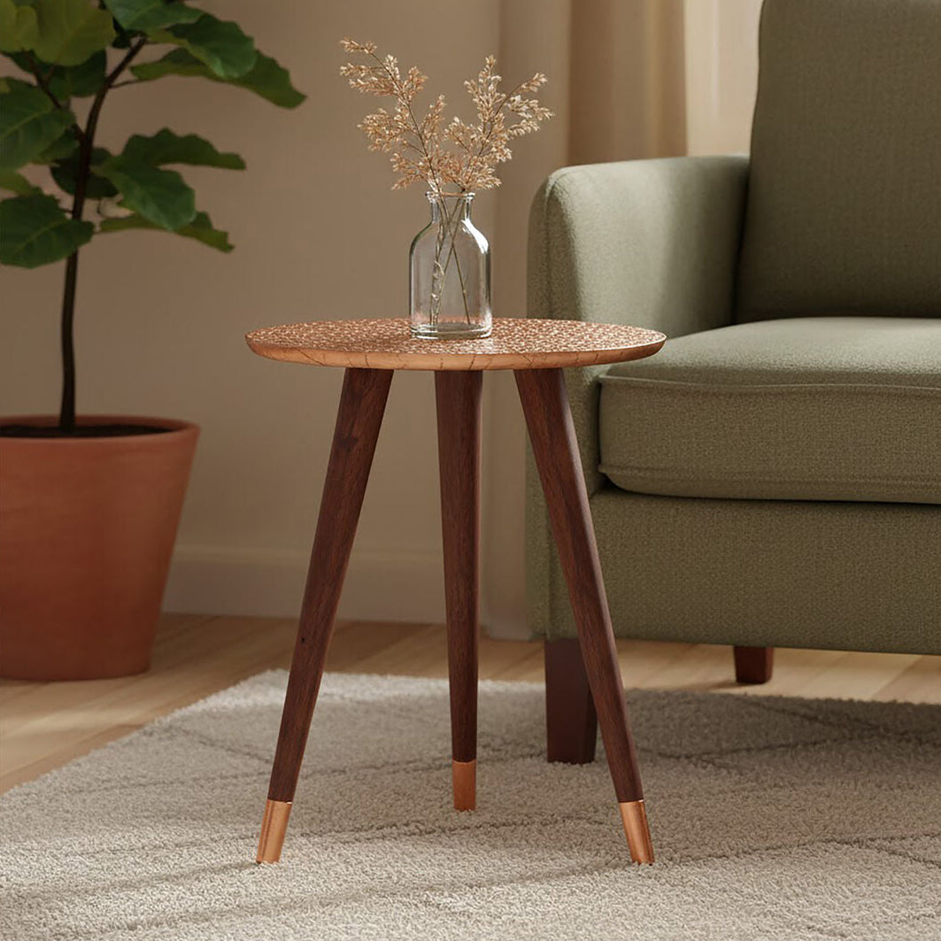 Gold Copper Finish Metal Top Side Table with Natural Wooden Legs, Boho