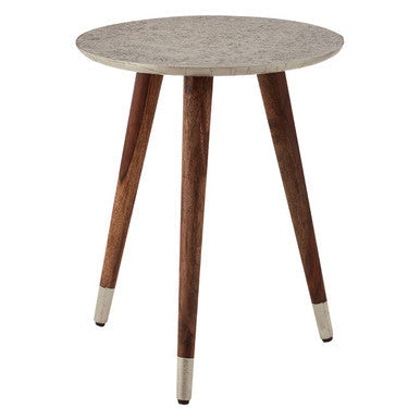 White Embossed Metal Top Side Table with Natural Tripod Wood Base, Boho