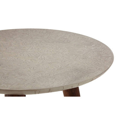 White Embossed Metal Top Side Table with Natural Tripod Wood Base, Boho