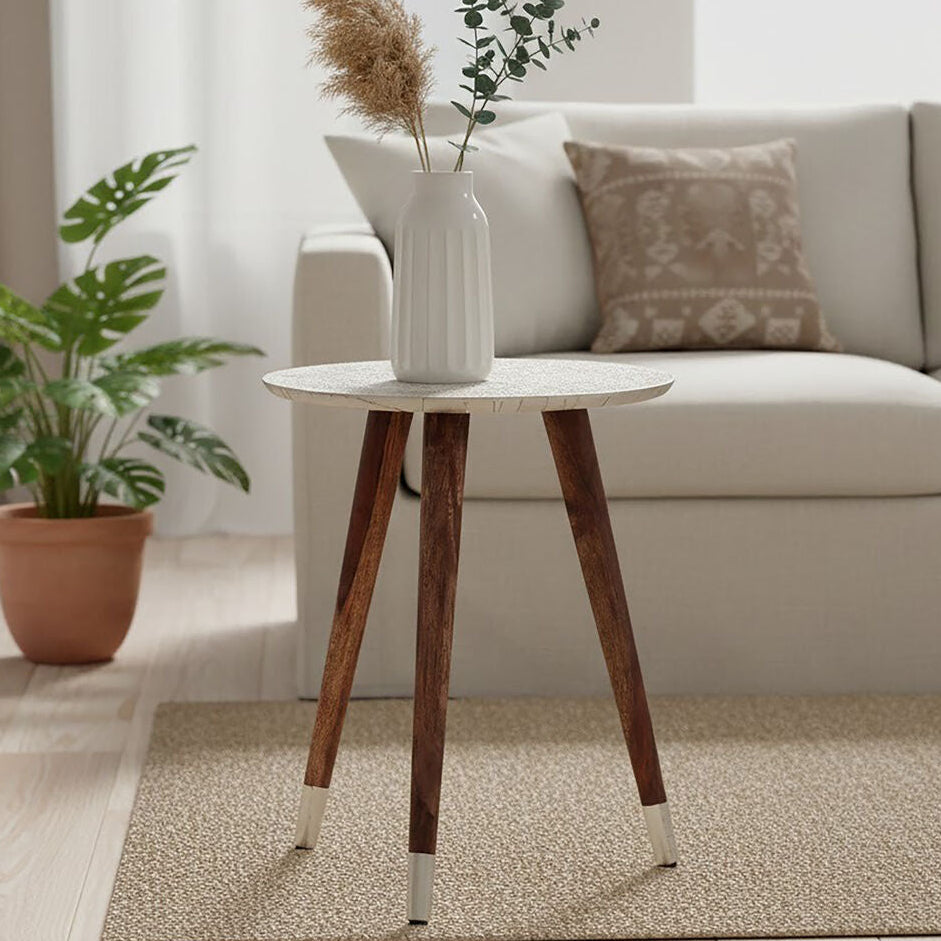 White Embossed Metal Top Side Table with Natural Tripod Wood Base, Boho