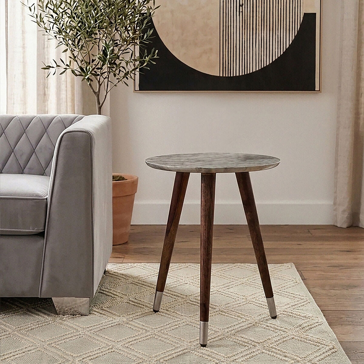 White Embossed Metal Top Side Table with Natural Tripod Wood Base, Boho