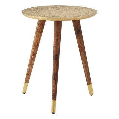 Gold Embossed Metal Top Side Table with Natural Tripod Wood Base, Boho