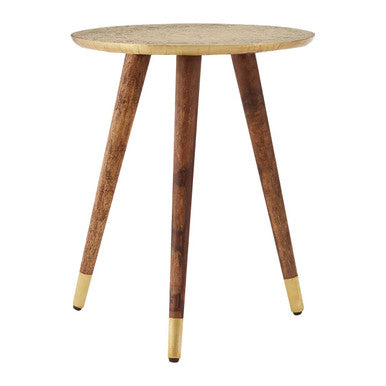 Gold Embossed Metal Top Side Table with Natural Tripod Wood Base, Boho