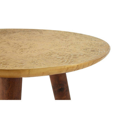 Gold Embossed Metal Top Side Table with Natural Tripod Wood Base, Boho