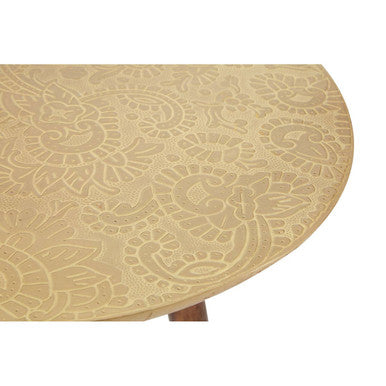 Gold Embossed Metal Top Side Table with Natural Tripod Wood Base, Boho