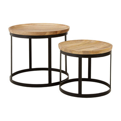 Set of 2 Natural Mango Wood Top Nesting Tables with Black Open Cage Metal Frame, Boho