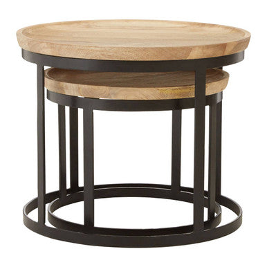 Set of 2 Natural Mango Wood Top Nesting Tables with Black Open Cage Metal Frame, Boho