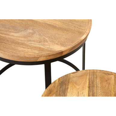 Set of 2 Natural Mango Wood Top Nesting Tables with Black Open Cage Metal Frame, Boho