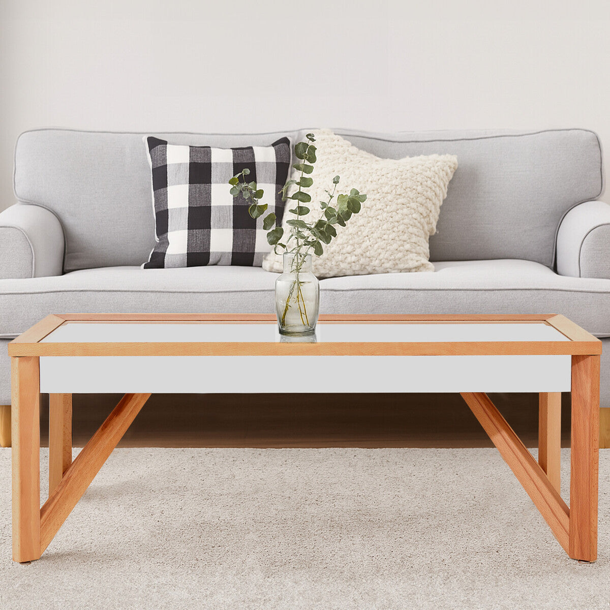 Mirror Glass Top Coffee Table with Natural Wood Frame, Kensington Townhouse