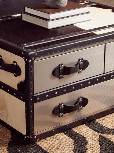 Black and White Cowhide Coffee Table with 3 Drawers and Leather Trim, Kensington Townhouse