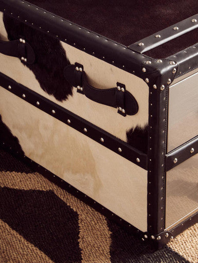 Black and White Cowhide Coffee Table with 3 Drawers and Leather Trim, Kensington Townhouse