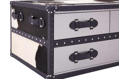 Black and White Cowhide Coffee Table with 3 Drawers and Leather Trim, Kensington Townhouse