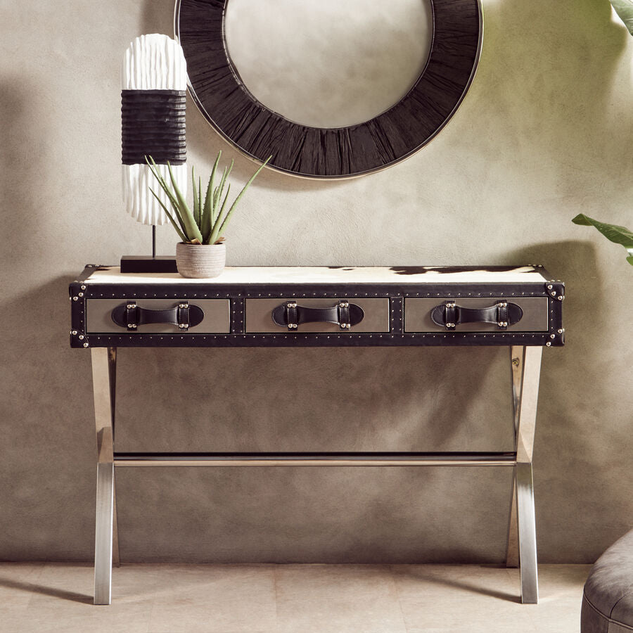 Black and White Cowhide Console Table with 3 Drawers and Leather Trim, Kensington Townhouse