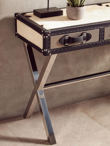 Black and White Cowhide Console Table with 3 Drawers and Leather Trim, Kensington Townhouse
