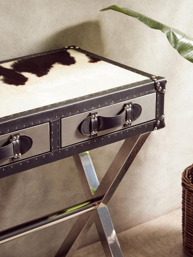Black and White Cowhide Console Table with 3 Drawers and Leather Trim, Kensington Townhouse