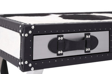 Black and White Cowhide Console Table with 3 Drawers and Leather Trim, Kensington Townhouse