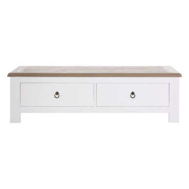 White Wooden Coffee Table with Natural Oak Top and 2 Storage Drawers, Hampstead