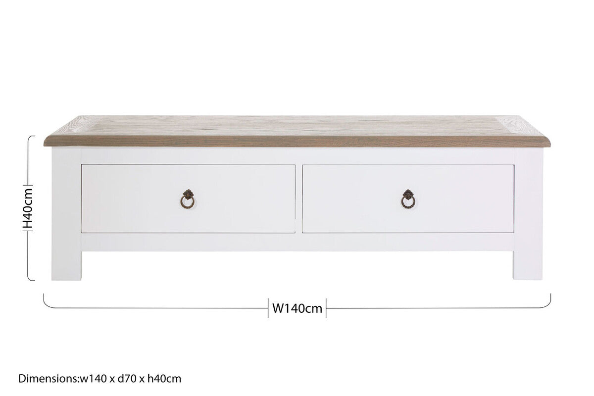White Wooden Coffee Table with Natural Oak Top and 2 Storage Drawers, Hampstead