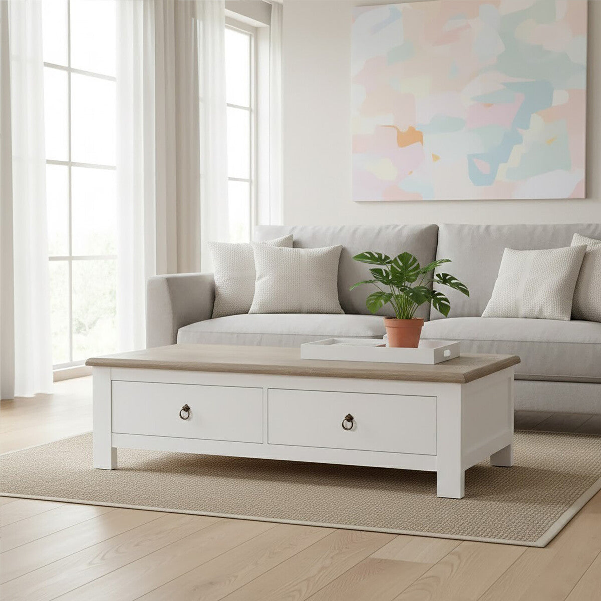 White Wooden Coffee Table with Natural Oak Top and 2 Storage Drawers, Hampstead