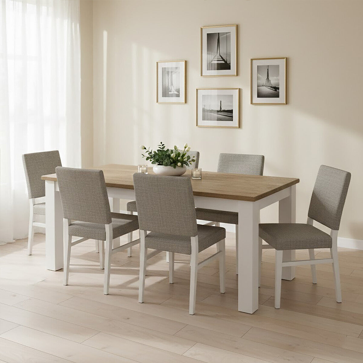 White Dining Table with Golden Oak Effect Tabletop, Hampstead