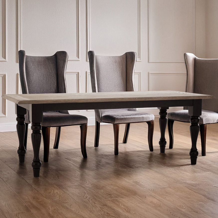 Natural Oak Veneer Wooden Dining Table with Black Carved Birchwood Legs, Kensington Townhouse