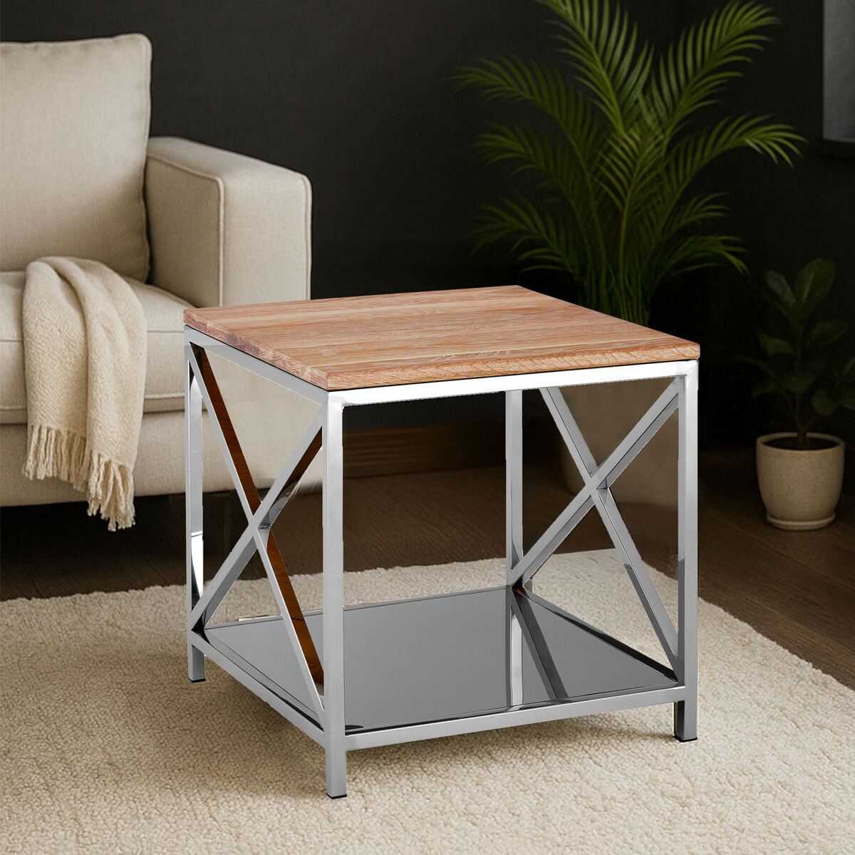 Natural Oak Wood Square Side Table with Metal Frame, Chiswick