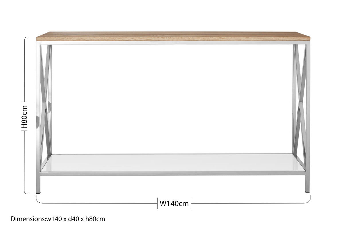 Natural Oak Wood Console Table with Silver Mirrored Lower Shelf, Chiswick