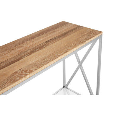 Natural Oak Wood Console Table with Silver Mirrored Lower Shelf, Chiswick