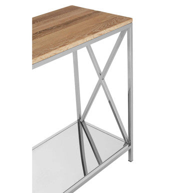 Natural Oak Wood Console Table with Silver Mirrored Lower Shelf, Chiswick