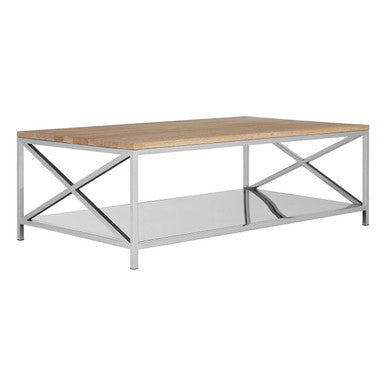 Natural Oak Wood Coffee Table with Silver Mirrored Lower Shelf, Chiswick