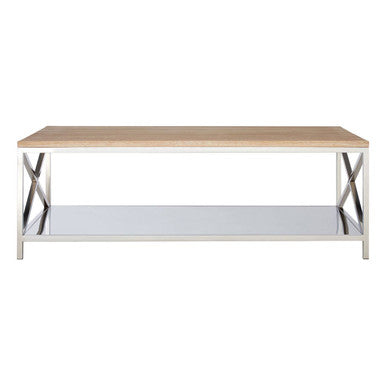 Natural Oak Wood Coffee Table with Silver Mirrored Lower Shelf, Chiswick