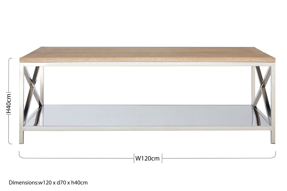 Natural Oak Wood Coffee Table with Silver Mirrored Lower Shelf, Chiswick
