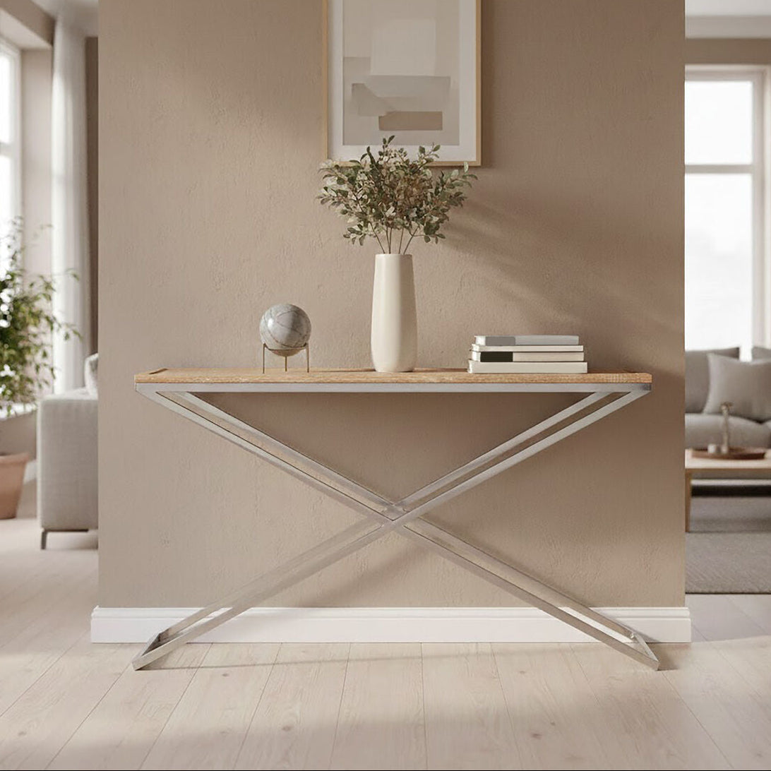 Silver and Natural Console Table with Metal Frame, Holland Park